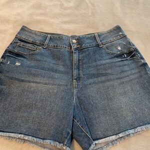 High-Rise Frayed Hem Denim Shorts - Blue